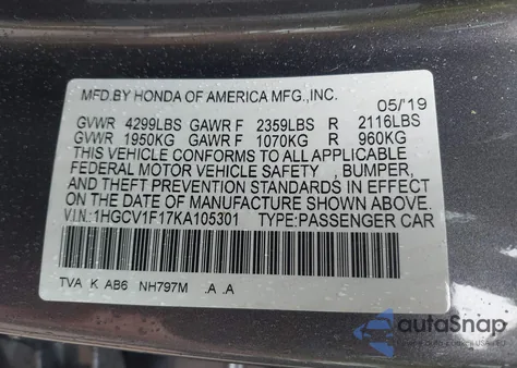 2019 Honda Accord Lx z USA, uszkodzony, nr VIN 1HGCV1F17KA105301